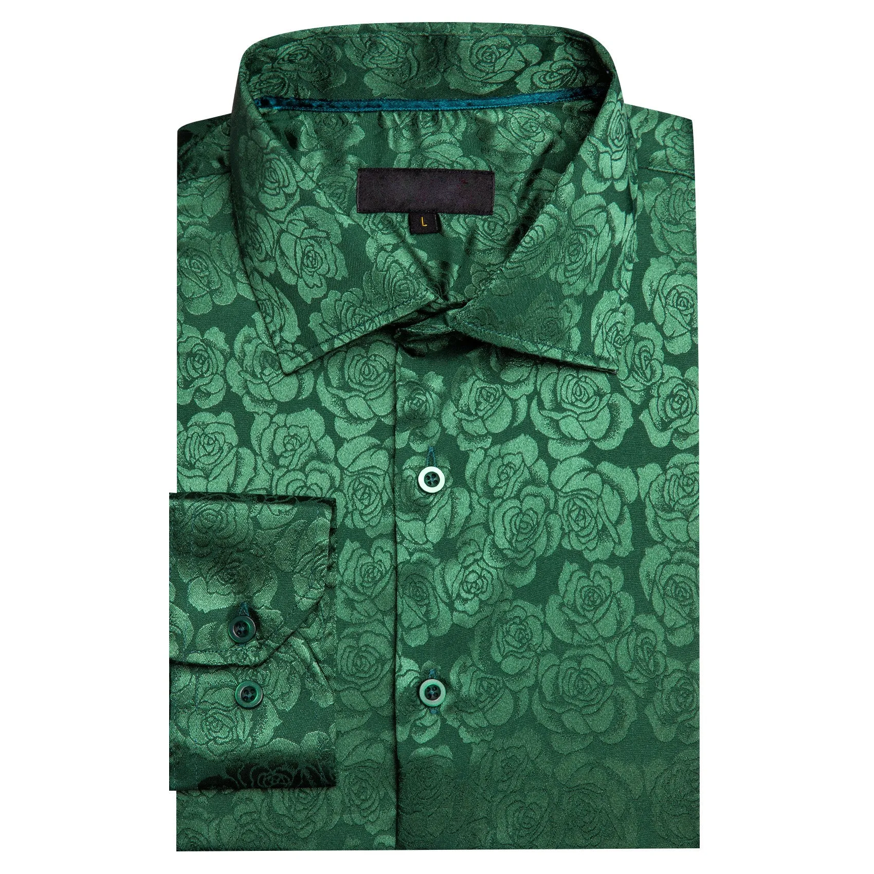 Grass Green Floral Rose Silk Men's Long Sleeve Shirt