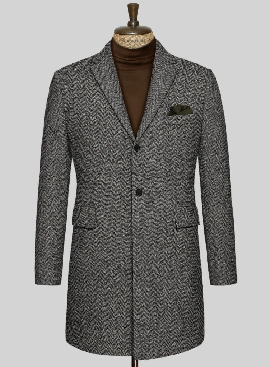 Gray Herringbone Flecks Donegal Tweed Overcoat