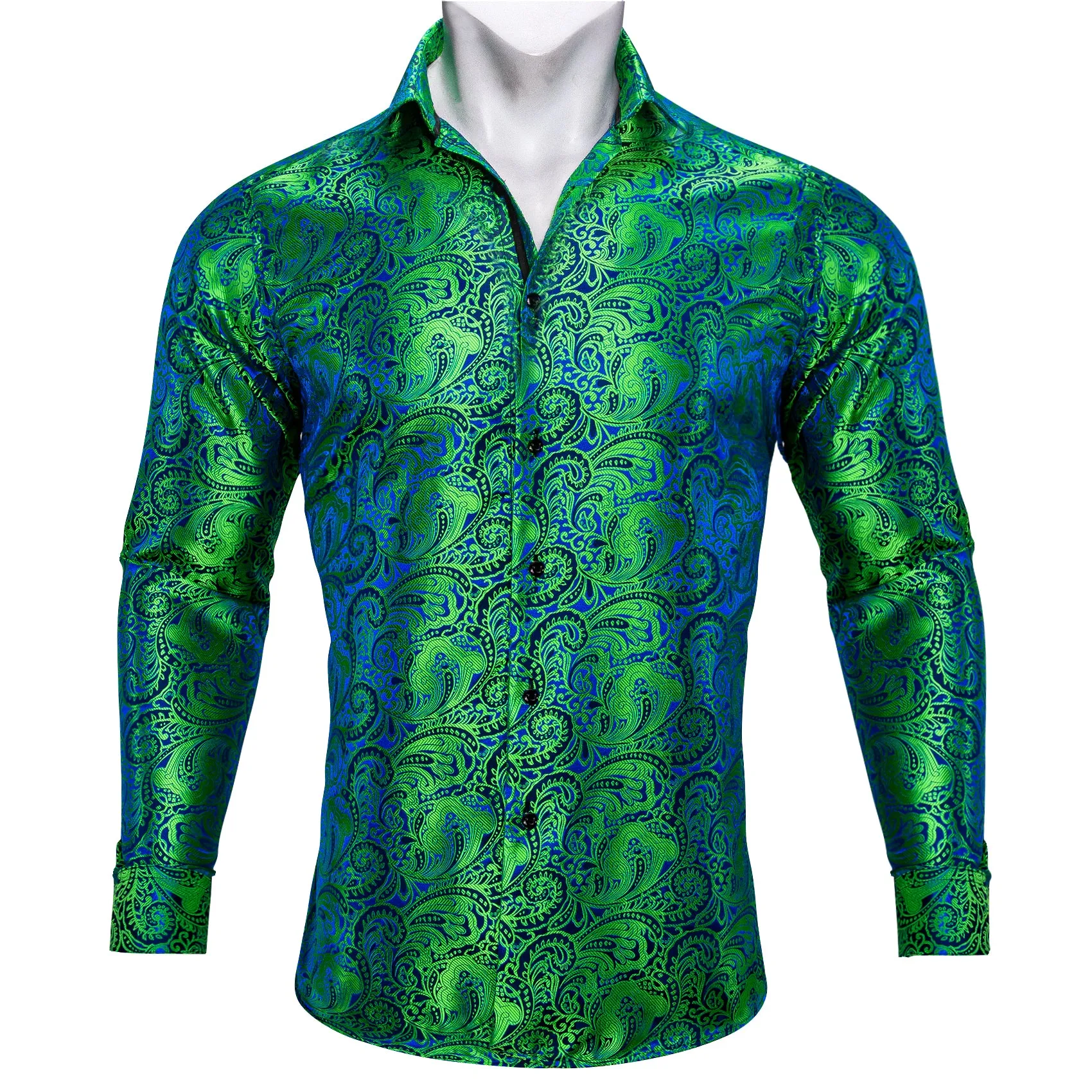 Green Blue Paisley Silk Men's Long Sleeve Shirt