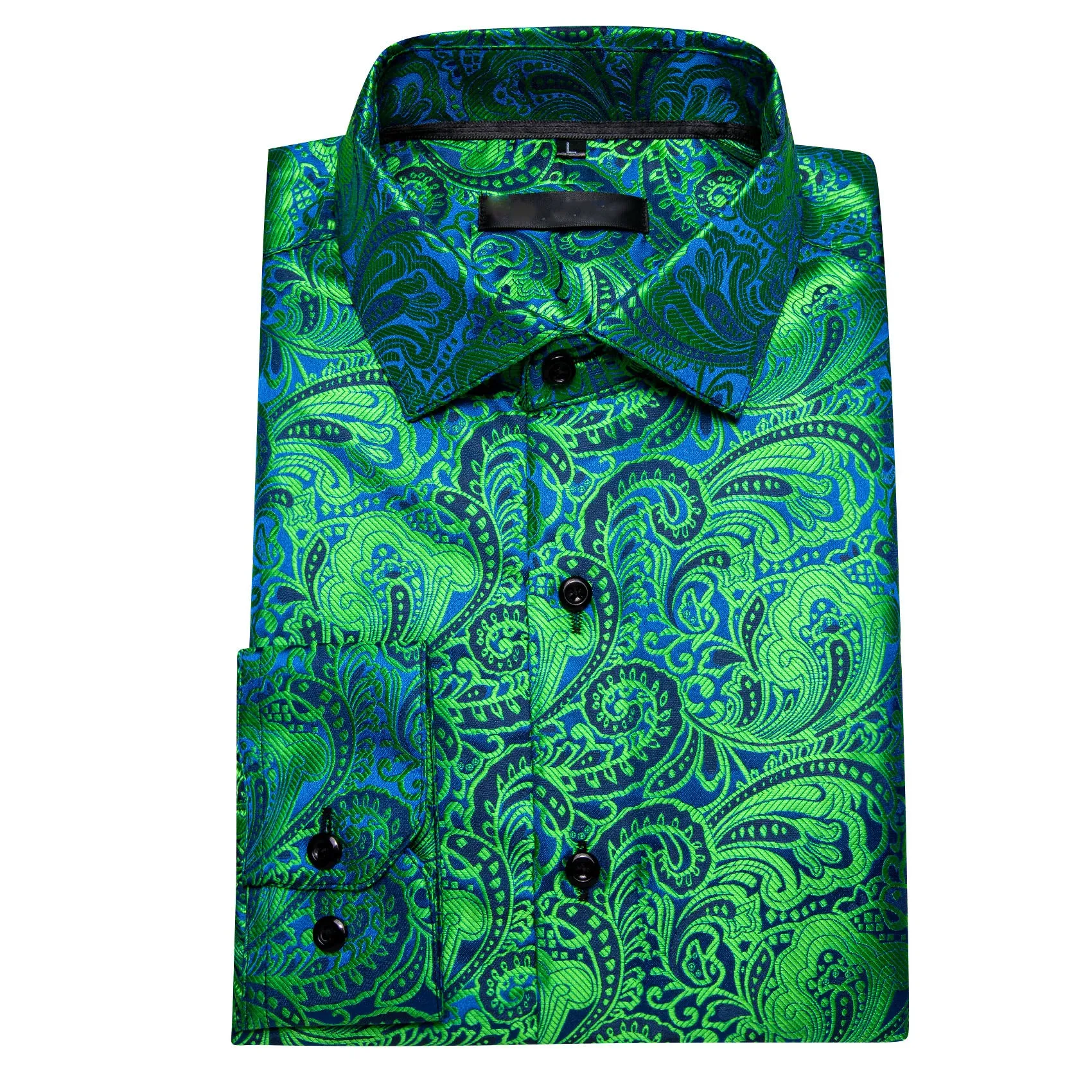 Green Blue Paisley Silk Men's Long Sleeve Shirt