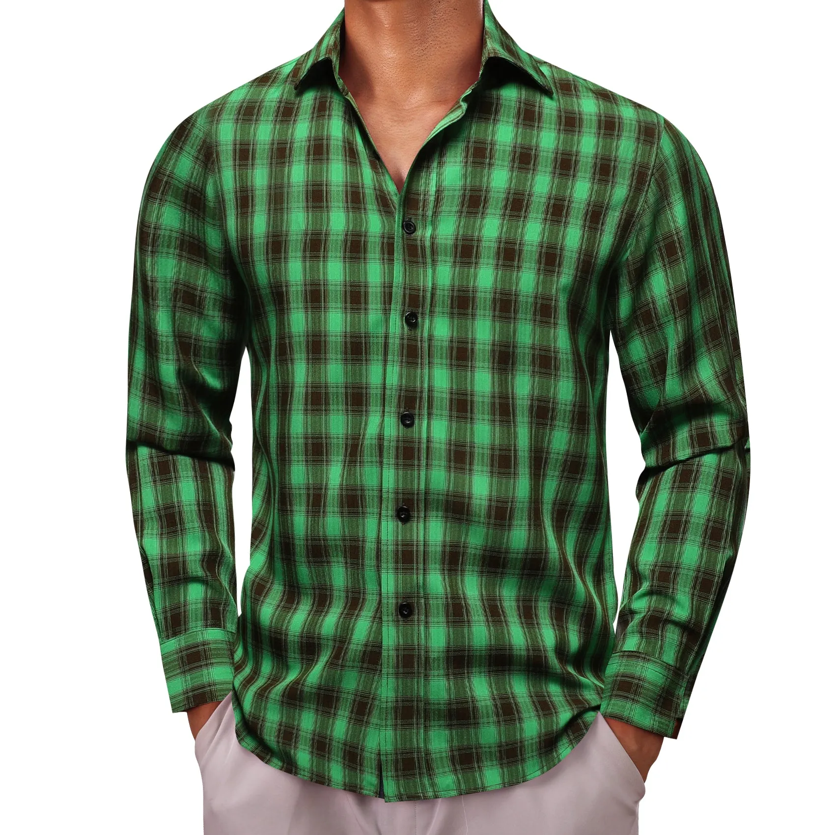 Green Brown Plaid Men's Long Sleeve Work Shirt