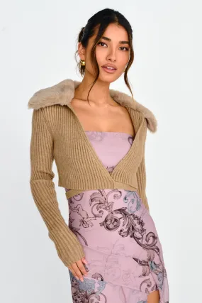 Hollyoak Fur Collar Knit Crop Top Oatmeal