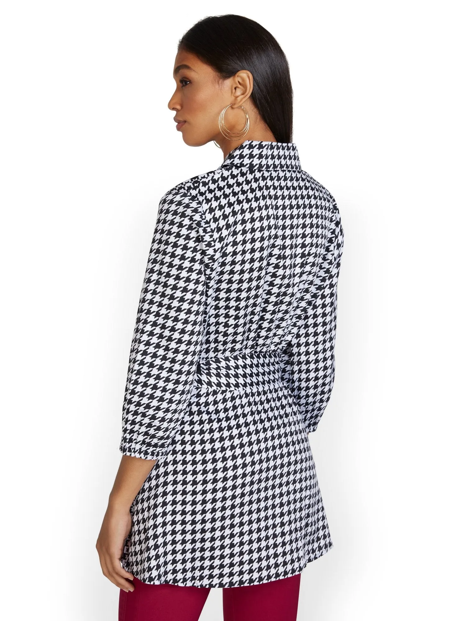 Houndstooth Tie-Waist Tunic Top