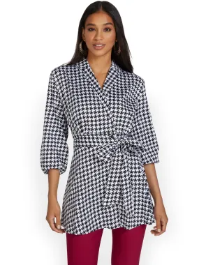 Houndstooth Tie-Waist Tunic Top