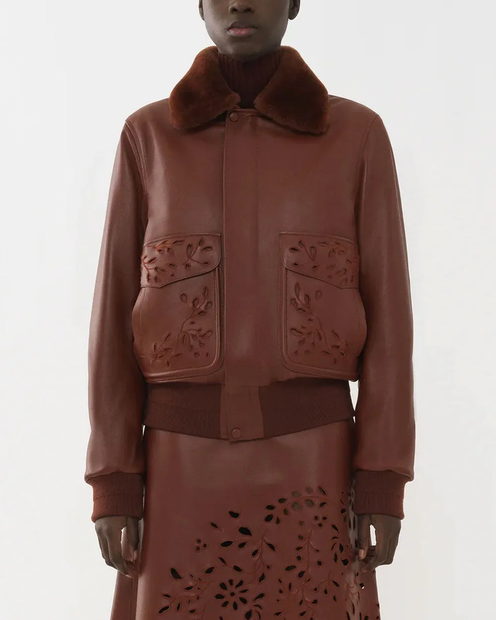 Intense Brown Fur Collar Leather Bomber Jacket