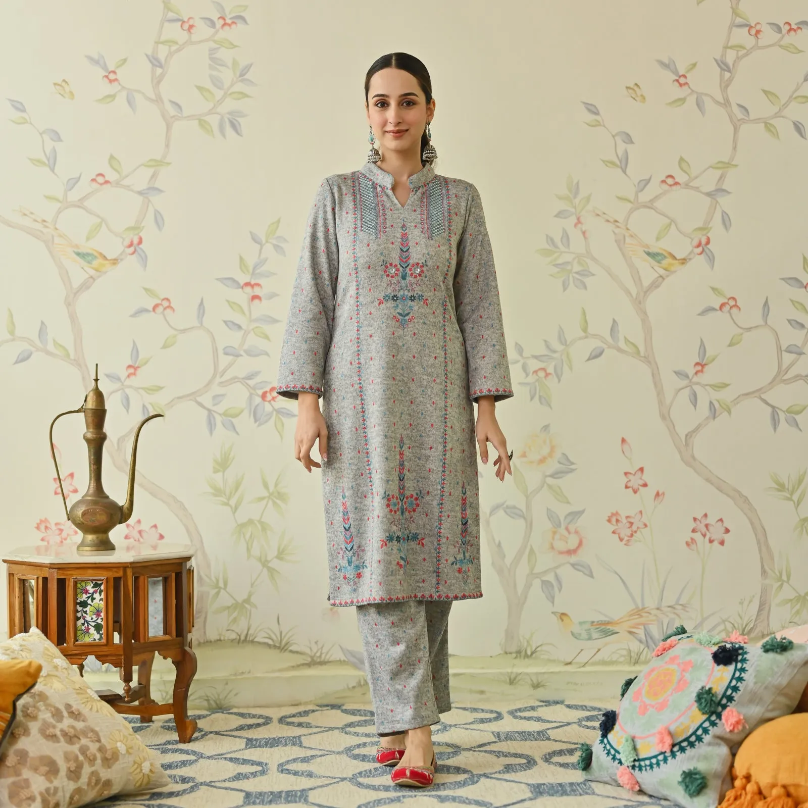 Ivory Embroidered Woollen Kurta