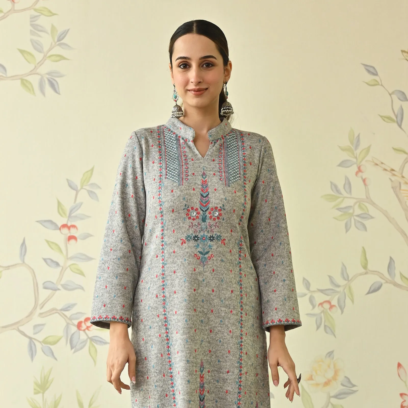 Ivory Embroidered Woollen Kurta