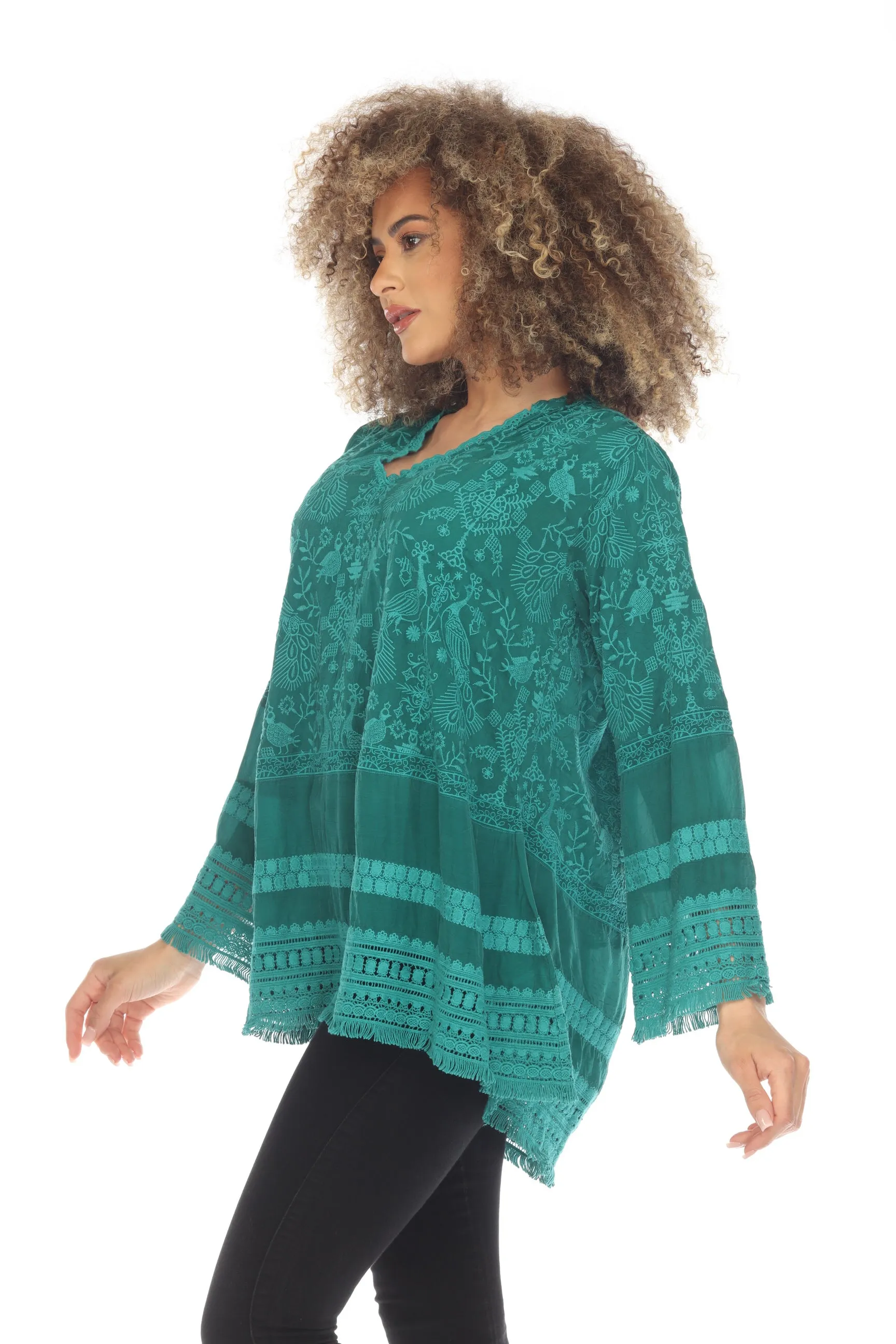 Johnny Was Peacock Island Embroidered Fringe Trim Tunic Top Boho Chic C27723 *