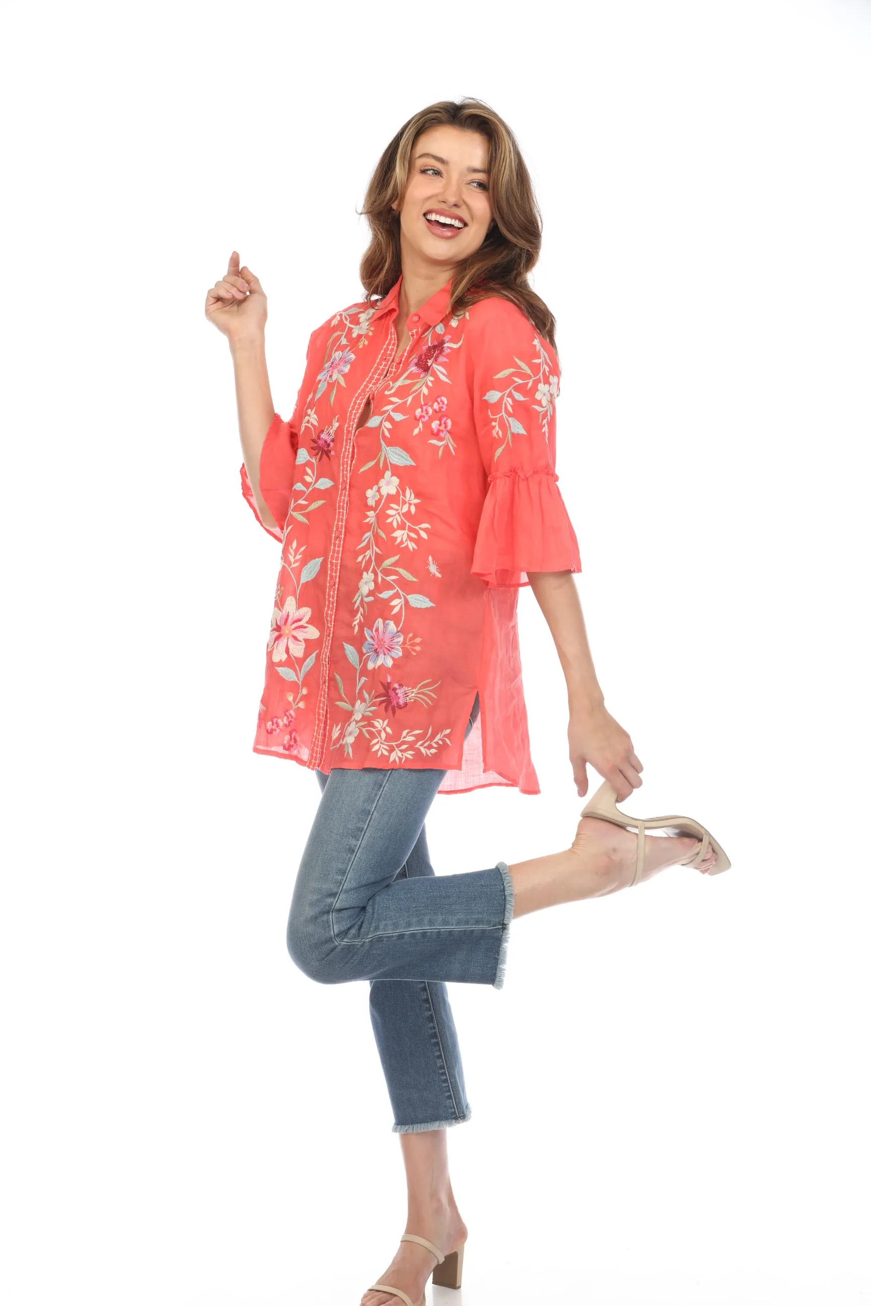 Johnny Was Workshop Darcy Ruffle Sleeve Button Down Tunic Top Boho Chic W20224