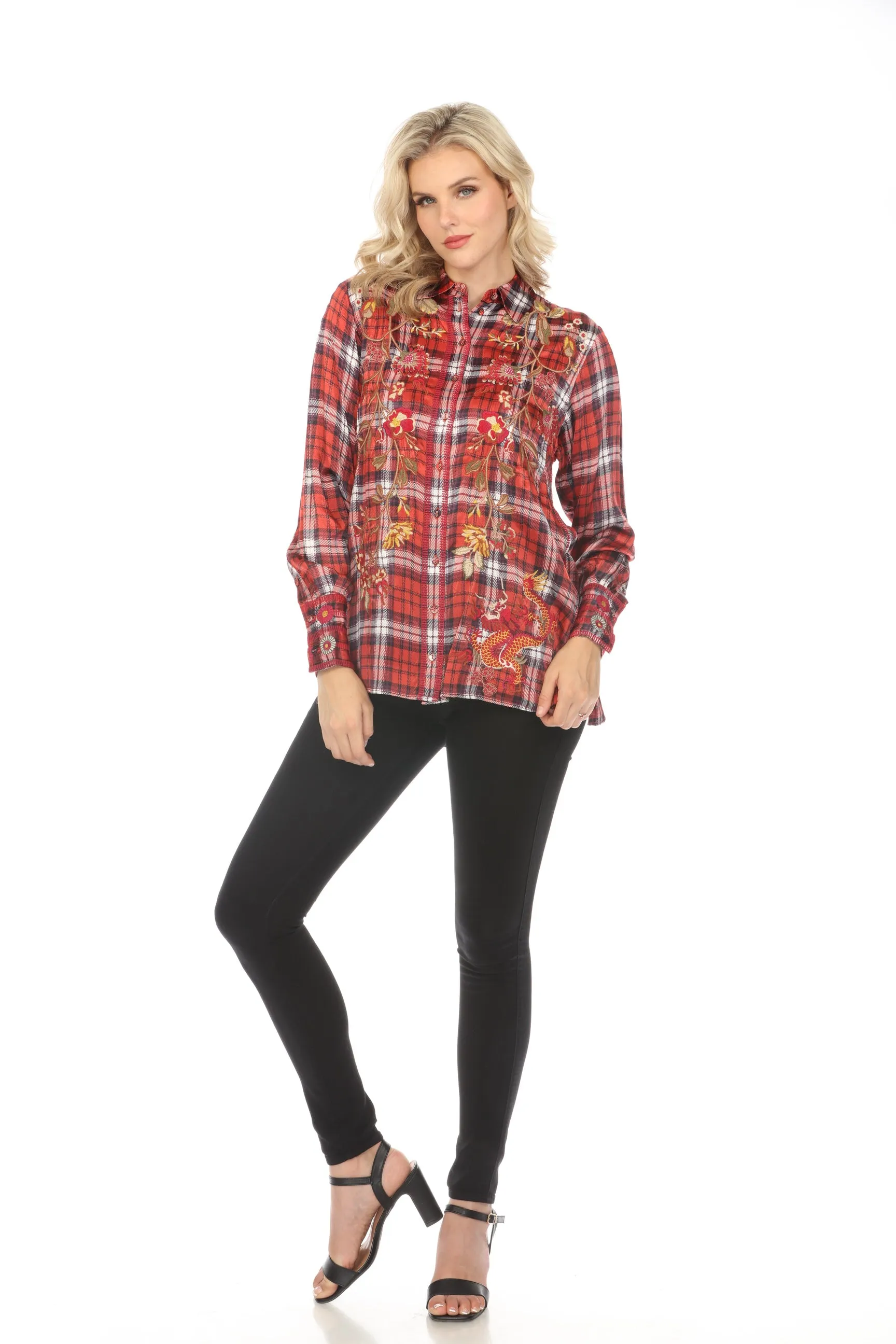 Johnny Was Workshop Plaid Lilith High Slit Tunic Shirt Boho Chic W28323-O