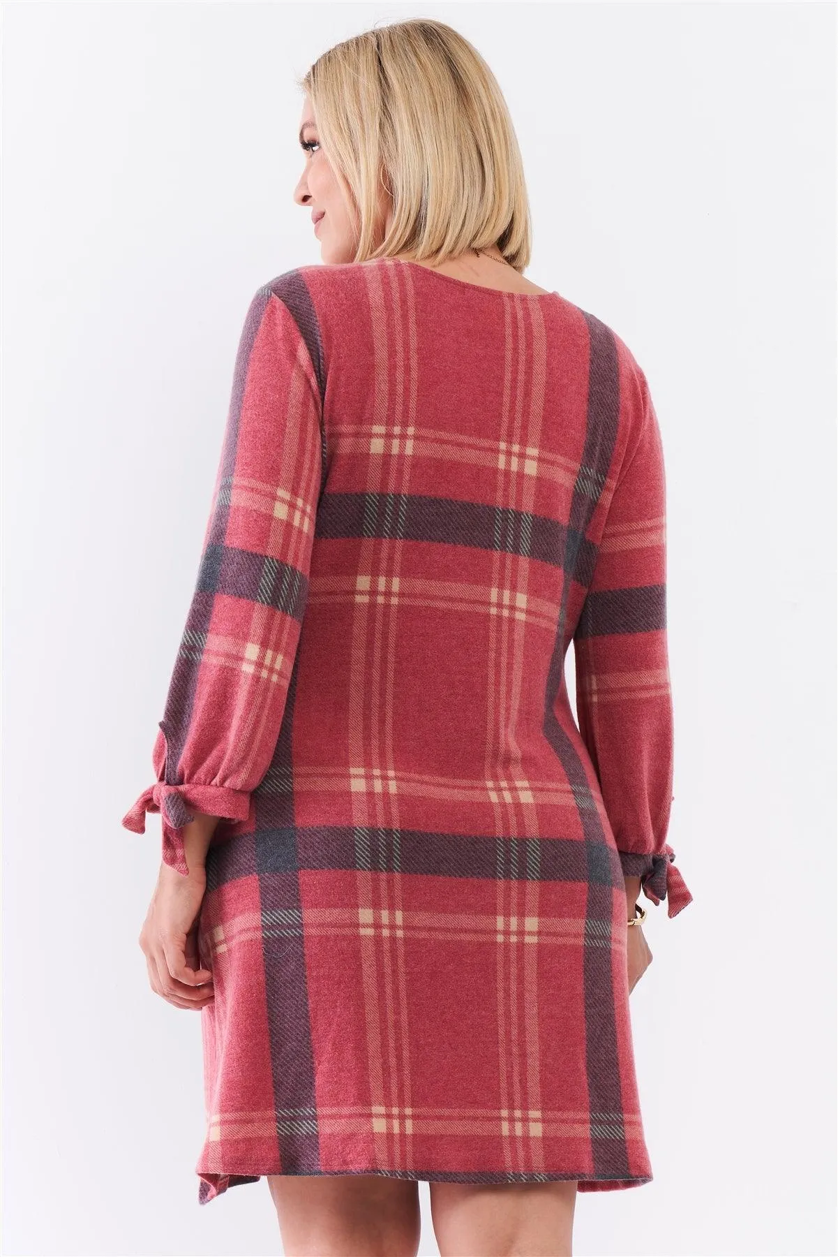 Junior Plus Retro Red Plaid Bow Detail Midi Sleeve Relaxed Soft Mini Dress /3-2-1