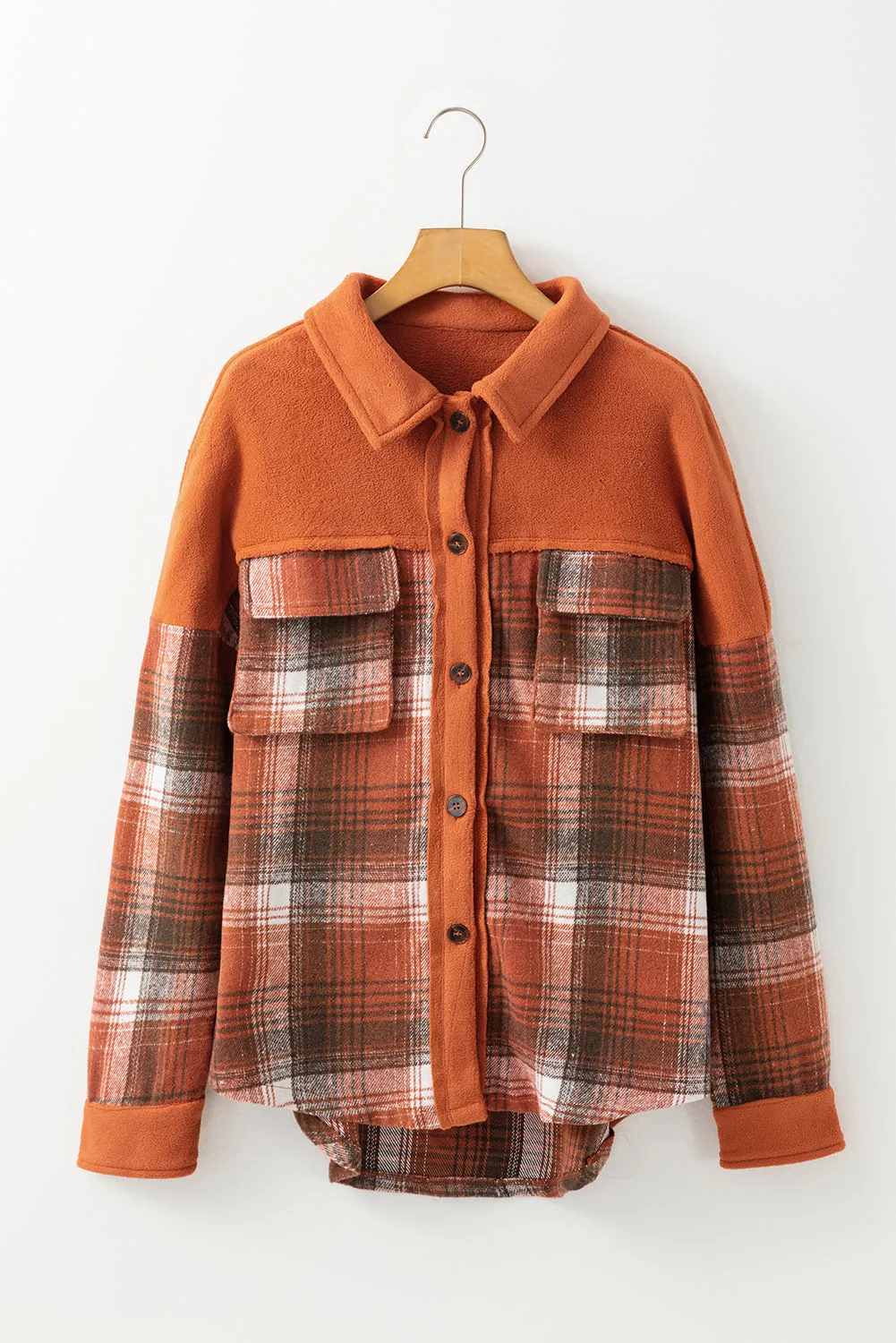 Khaki Colorblock Plaid Pattern Flap Pockets Buttoned Shacket