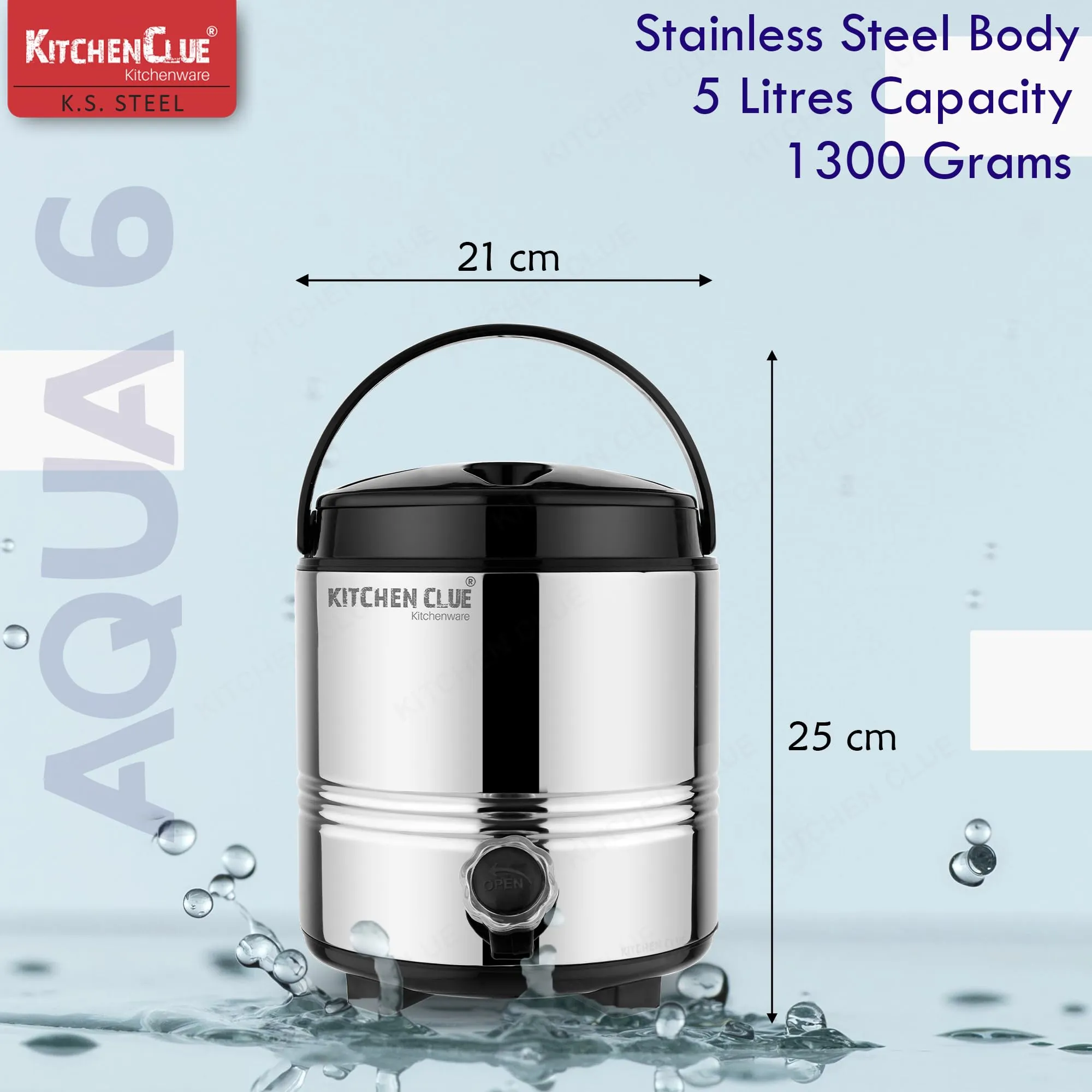 Kitchen Clue® Stainless Steel HOT & Cold Water/Tea Flask 5 Liter, Silver I 2 Inch PUF Insulated Double Walled Water Dispenser for Kitchen Office I Mirror Finish I Airtight Lis & Leak-Proof Tap