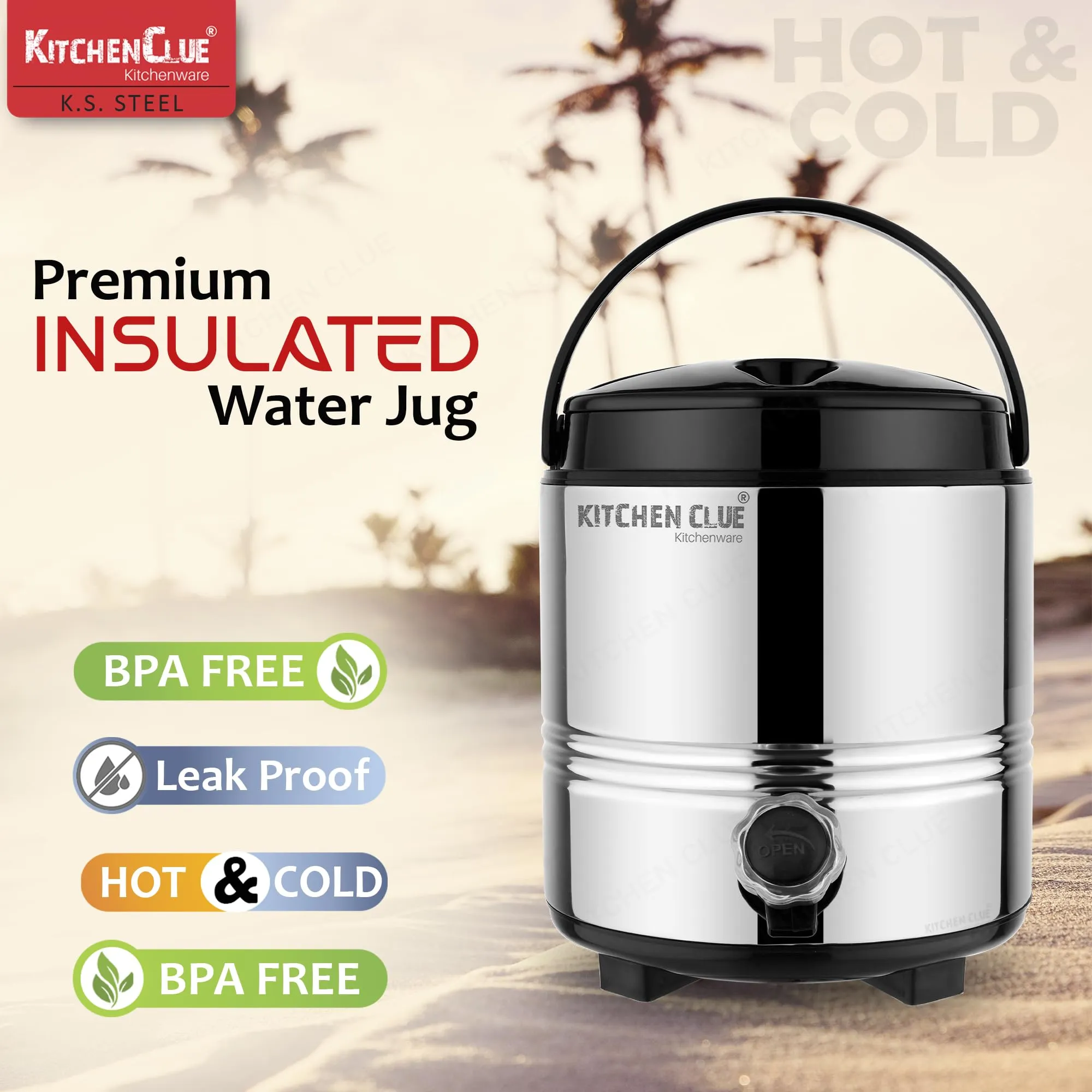 Kitchen Clue® Stainless Steel HOT & Cold Water/Tea Flask 5 Liter, Silver I 2 Inch PUF Insulated Double Walled Water Dispenser for Kitchen Office I Mirror Finish I Airtight Lis & Leak-Proof Tap