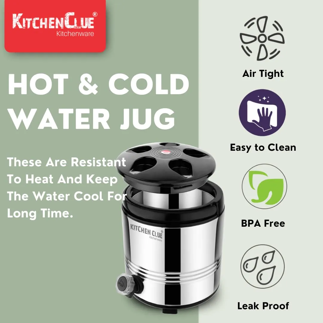 KITCHEN CLUE Stainless Steel Hot and Cold Water Jug 5 Liters, Silver - Aqua 6 Model - PUF Insulated Steel Body - Keeps Beverages Hot and Cold & Fresh for Long Hours - Highly Durable - Water Dispenser