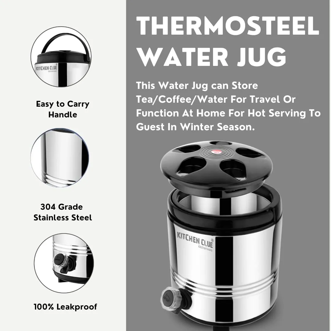 KITCHEN CLUE Stainless Steel Insulated Water Jug 5 Liters with Tap I PUF Insulated Hot and Cold Upto 4-5hours I Double Walled Insulated Water Dispenser for Office Home Kitchen I Durable & Sturdy