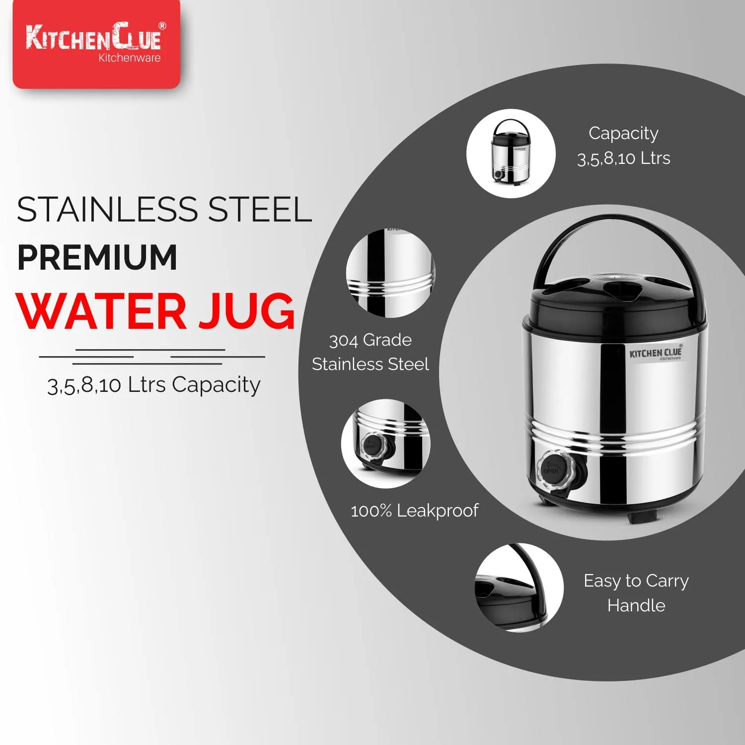 KITCHEN CLUE Stainless Steel Insulated Water Jug 5 Liters with Tap I PUF Insulated Hot and Cold Upto 4-5hours I Double Walled Insulated Water Dispenser for Office Home Kitchen I Durable & Sturdy