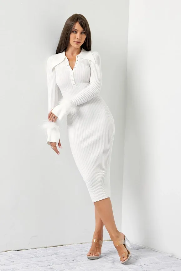 Knit Dress with Long Collar and Feather Cuffs WHITE