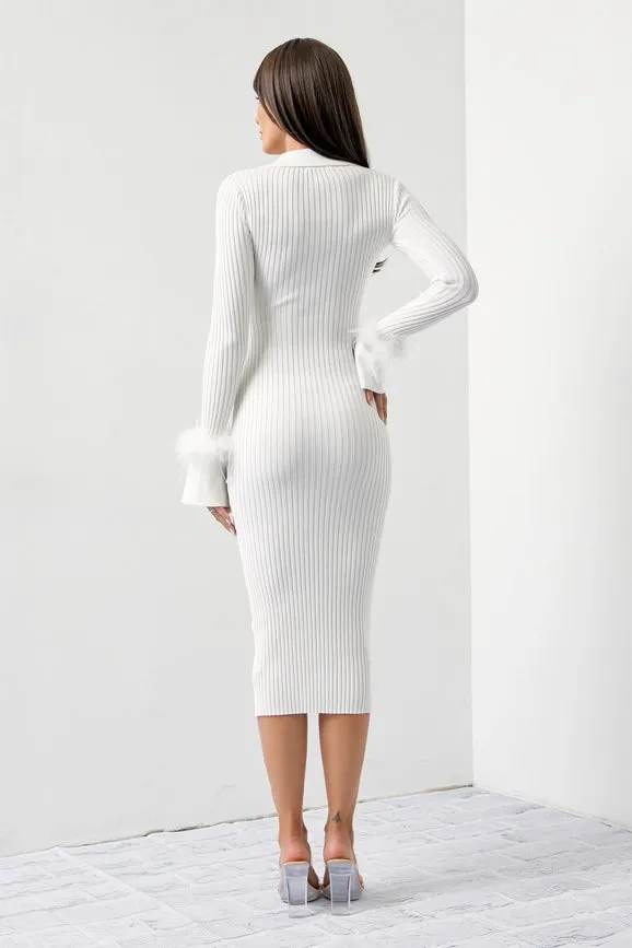 Knit Dress with Long Collar and Feather Cuffs WHITE