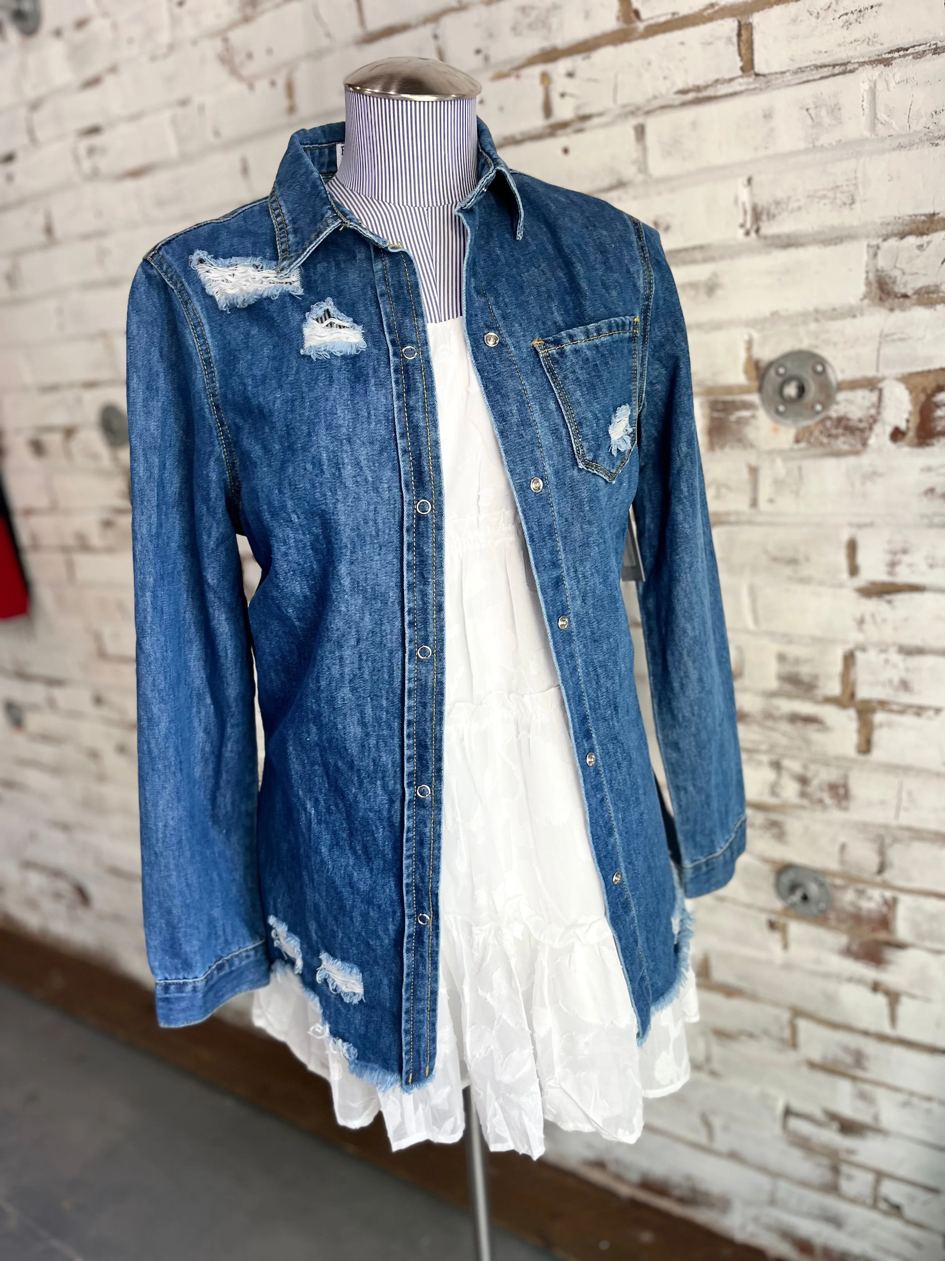 Koko Ripped Denim Jacket in Dark Blue