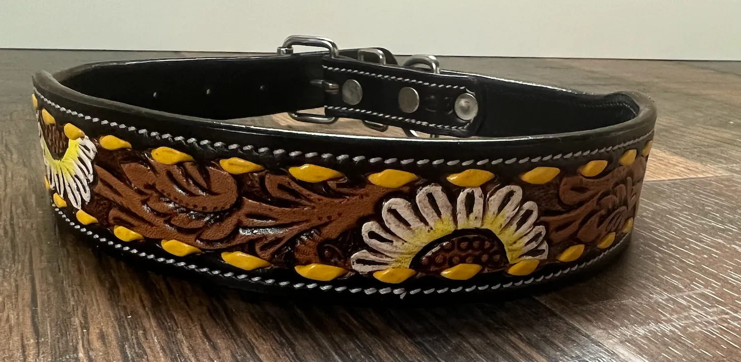 Leather Tooled Dog Collar with Daisys and Yellow buckstitching