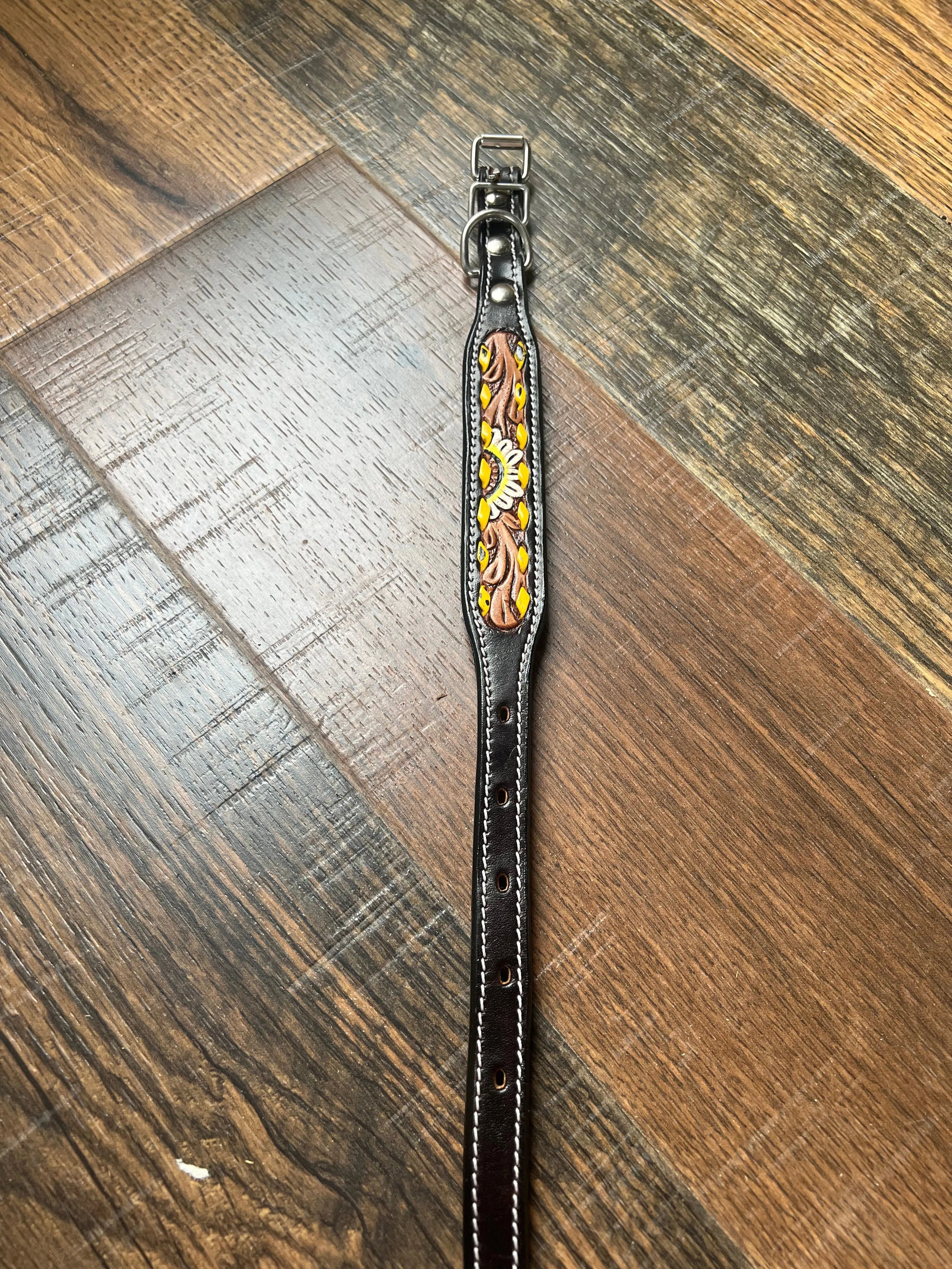 Leather Tooled Dog Collar with Daisys and Yellow buckstitching