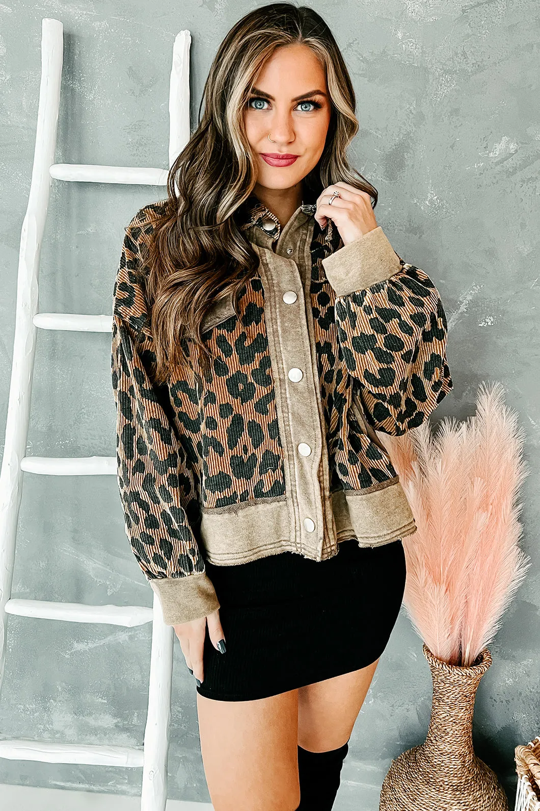 Leopard Lady Corduroy Leopard Print Shacket (Brown)