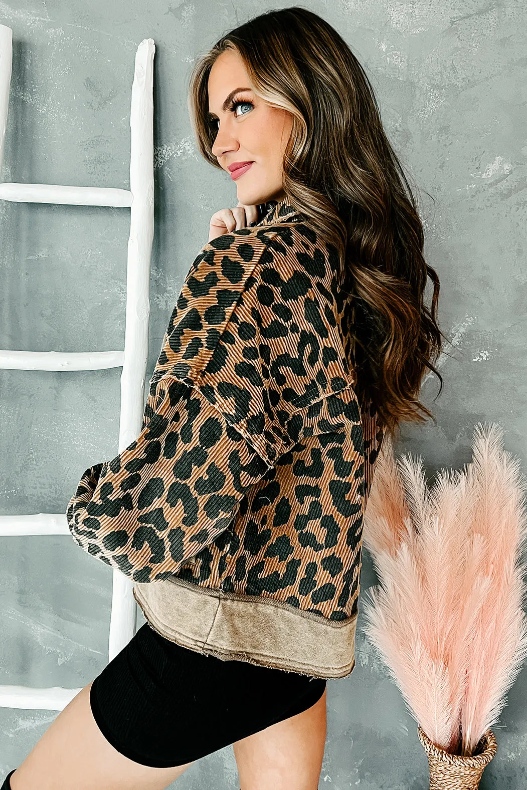 Leopard Lady Corduroy Leopard Print Shacket (Brown)