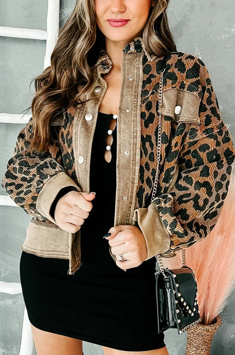 Leopard Lady Corduroy Leopard Print Shacket (Brown)