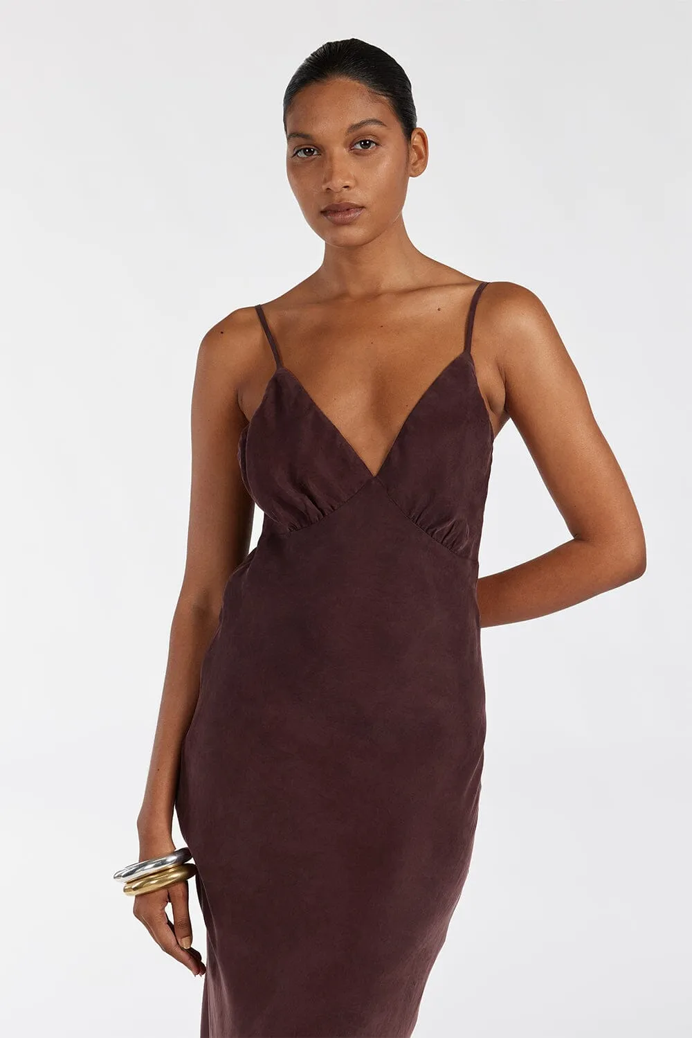 LIAM CURRANT CUPRO SLIP MIDI DRESS