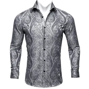 Light Gray Floral Silk Men's Long Sleeve Shirt