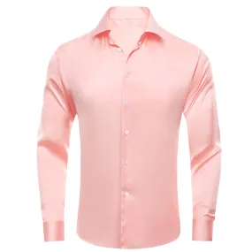 Light Pink Solid Satin Chiffon Non-stretch Men's Long Sleeve Shirt