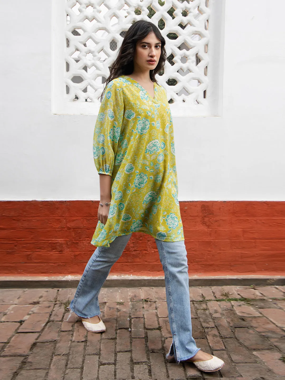 Lime Yellow Georgette Floral Tunic  - By Janasya