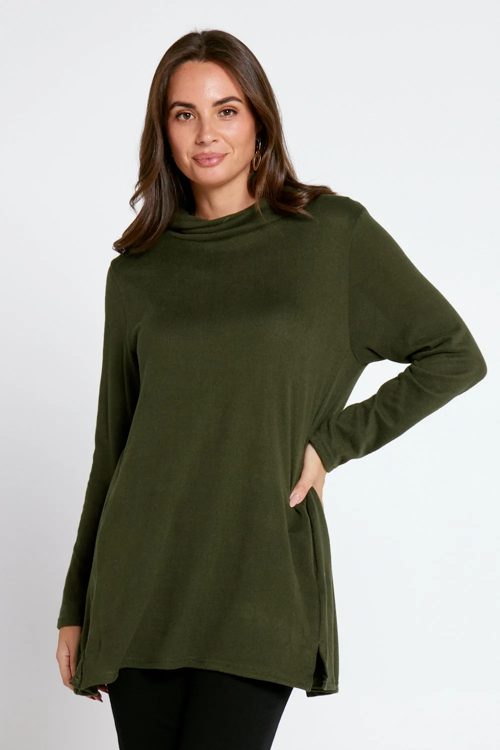 Lina Cowl Knit Tunic - Khaki