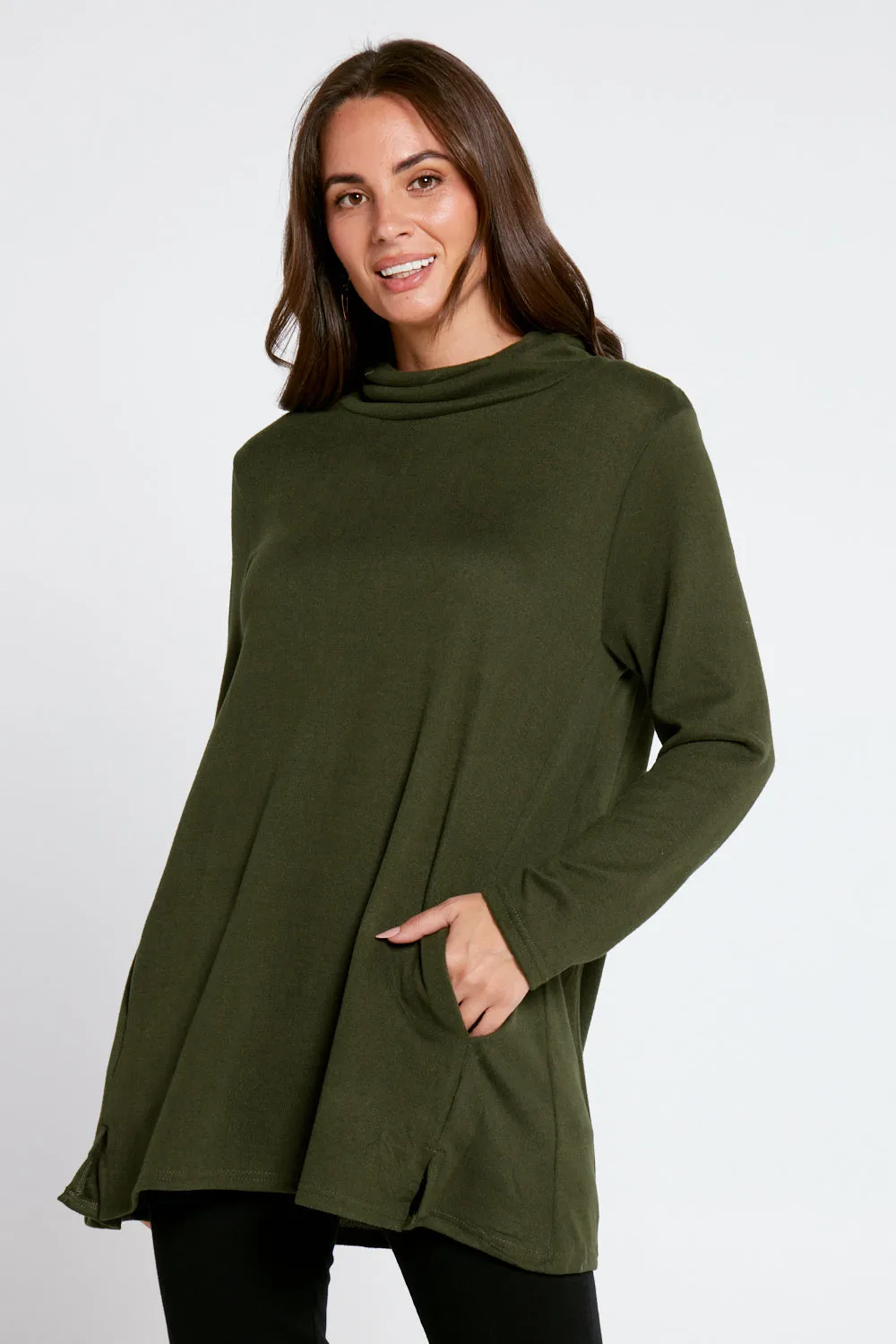 Lina Cowl Knit Tunic - Khaki