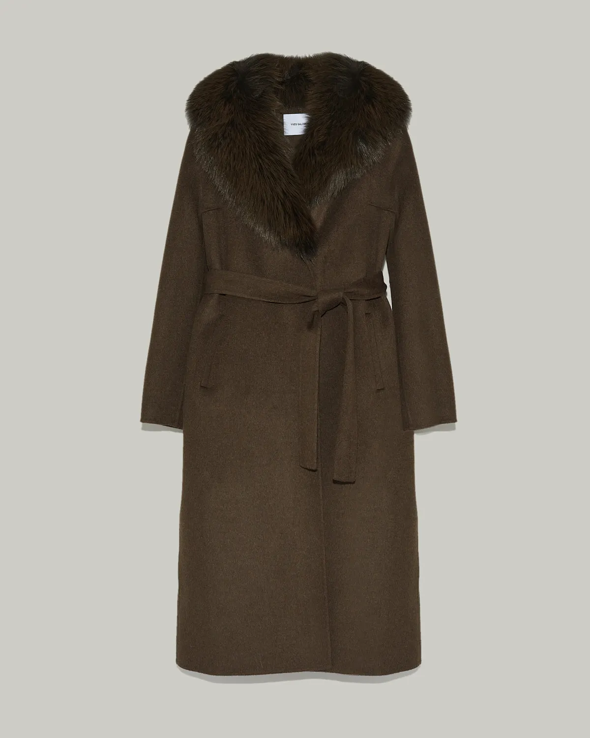 Long cashmere wool coat with fox fur collar