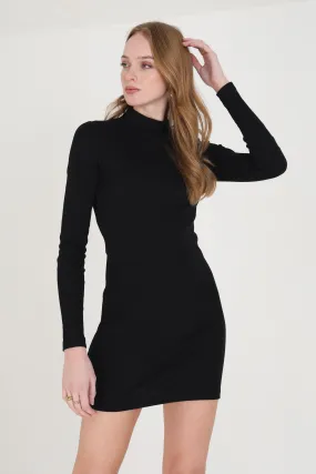 LONG SLEEVE BLACK RIB KNIT TURTLE NECK DRESS