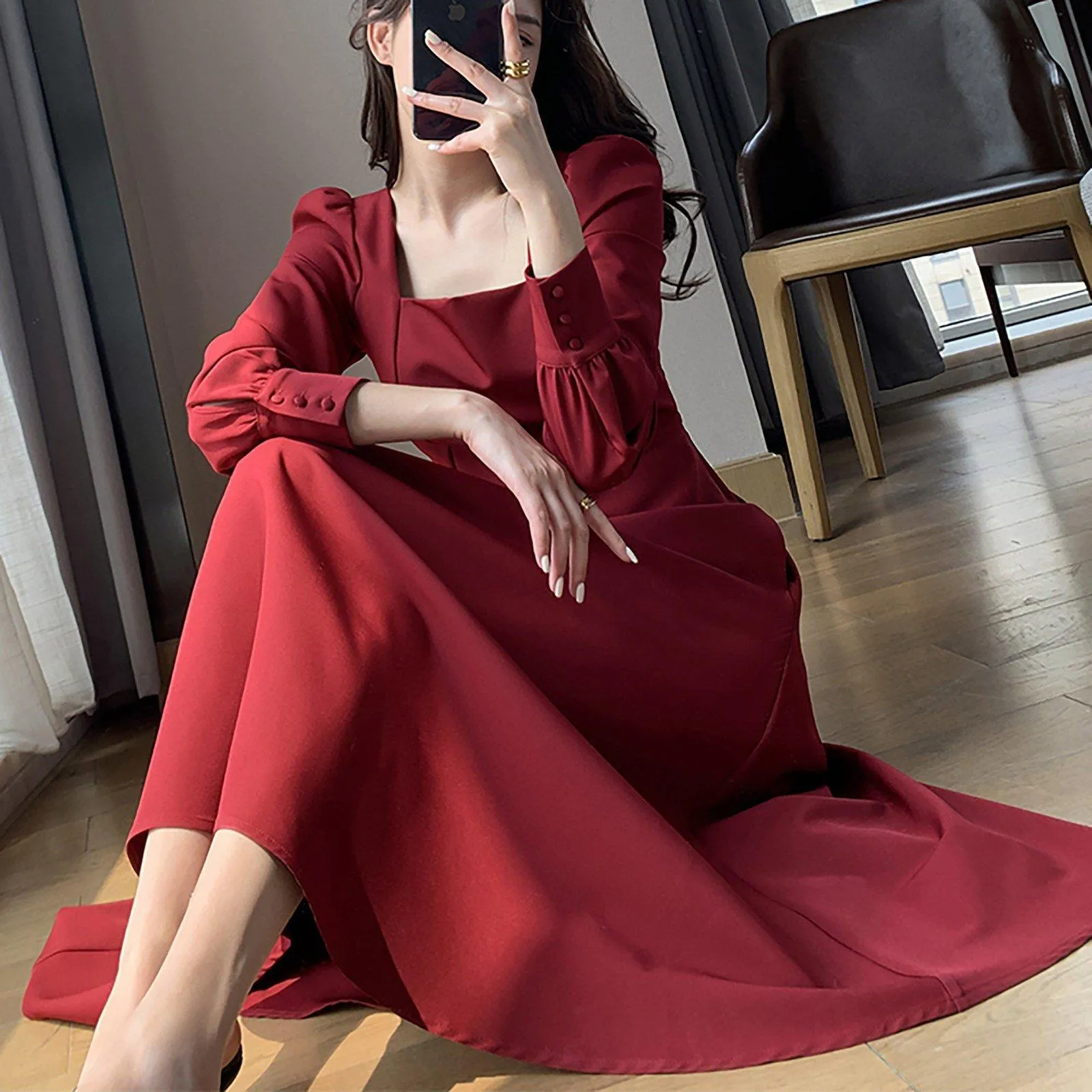 Long Sleeve Square Neck Fit & Flare Midi Dress