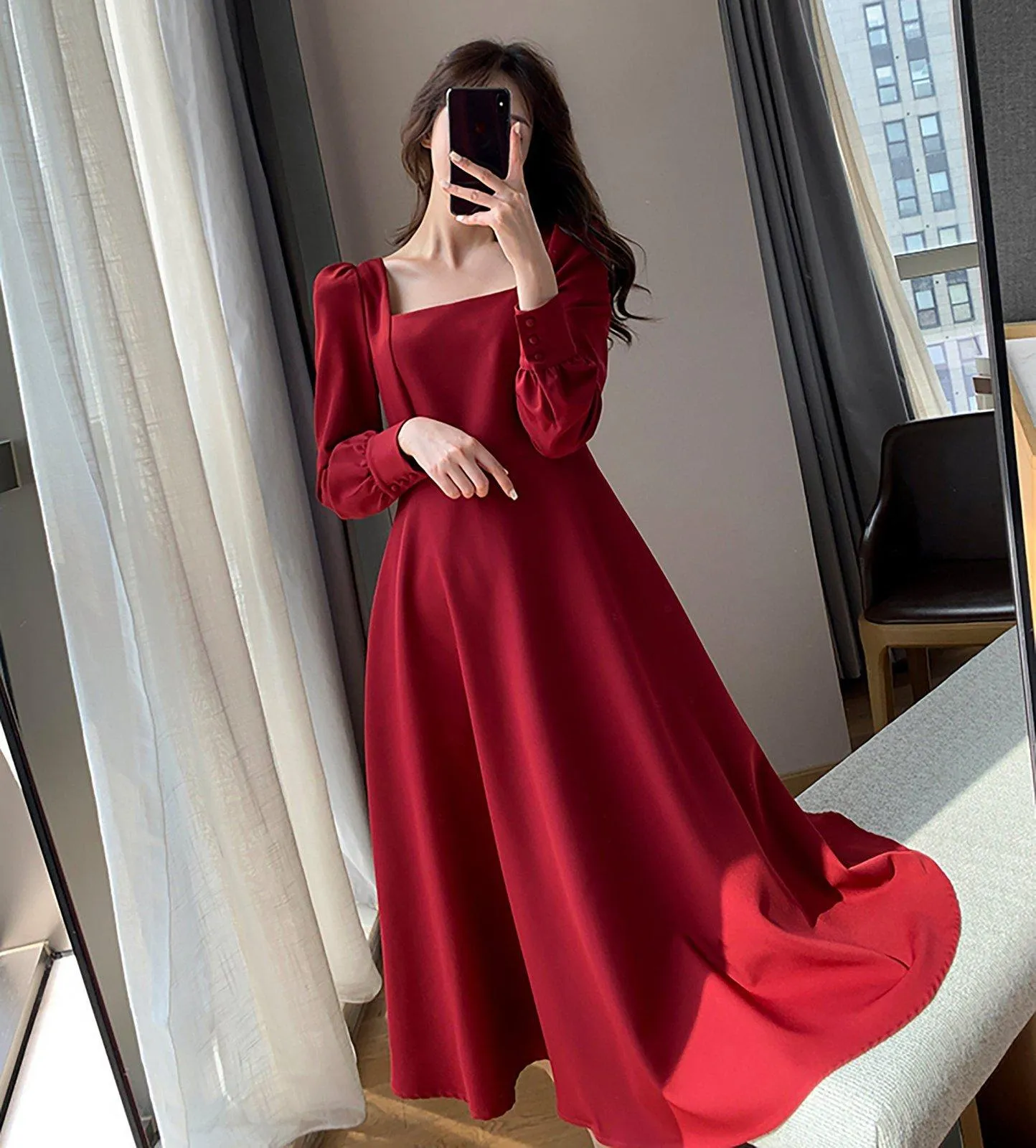 Long Sleeve Square Neck Fit & Flare Midi Dress