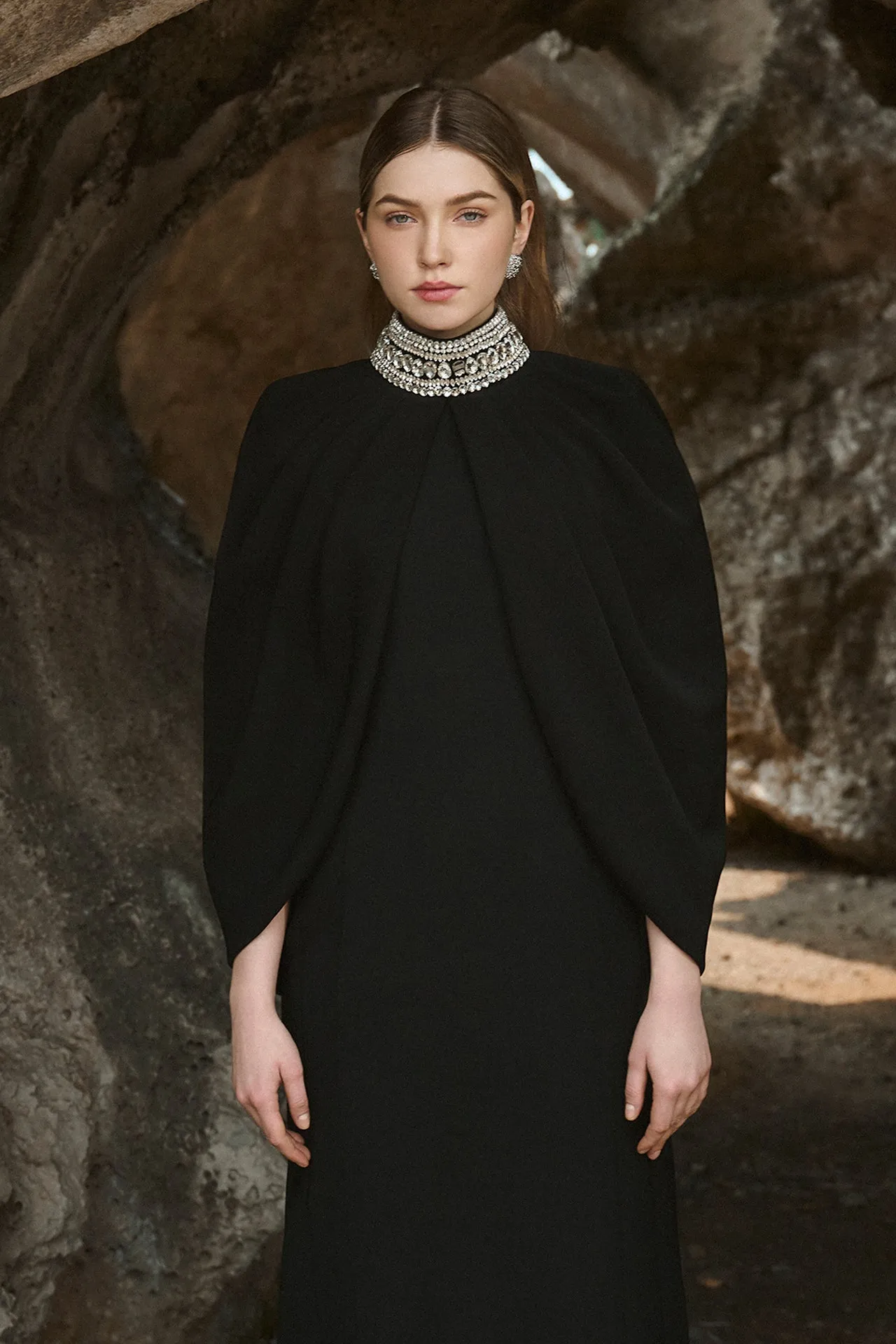 Long-Sleeved Dress with Stone Collar Cape