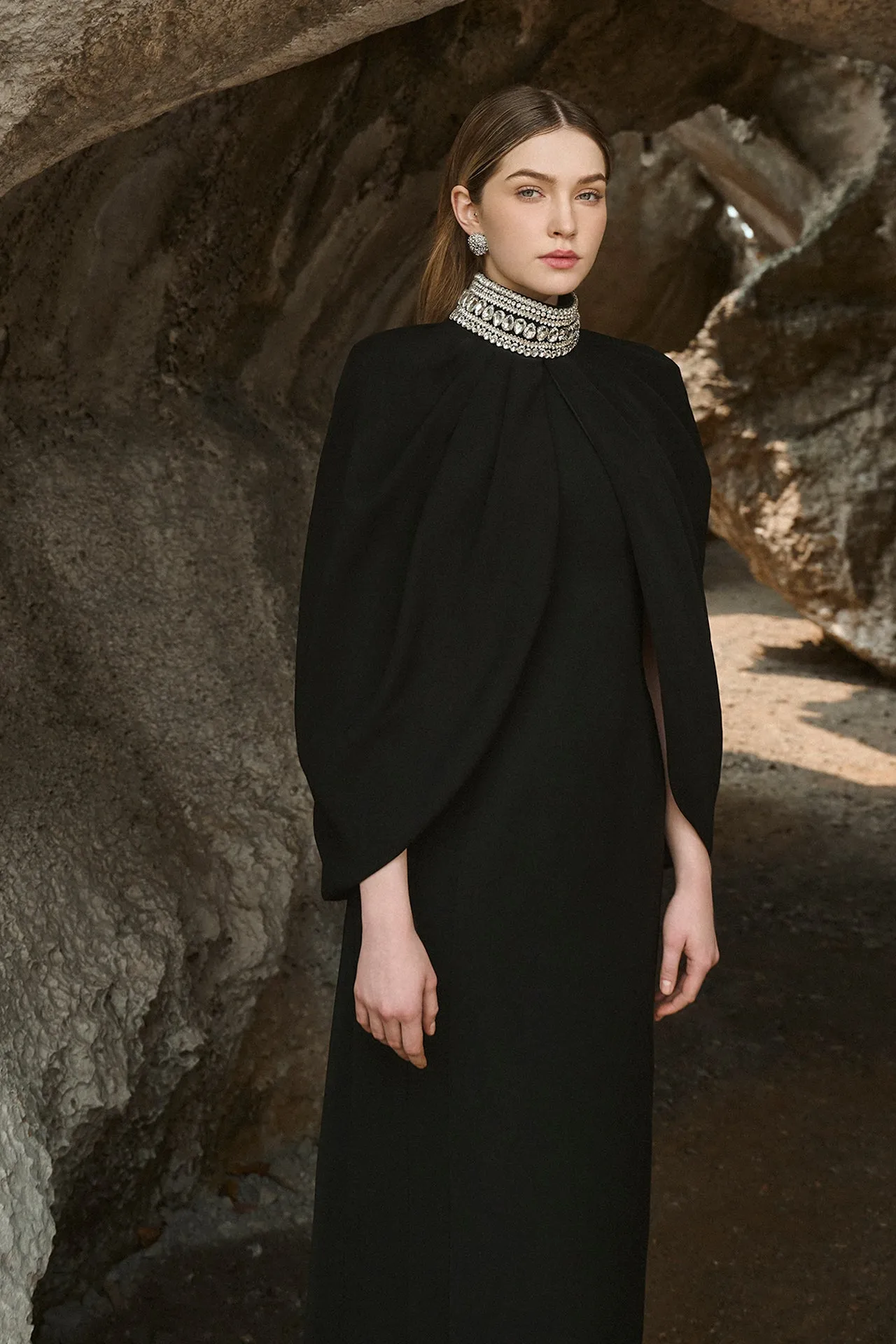 Long-Sleeved Dress with Stone Collar Cape