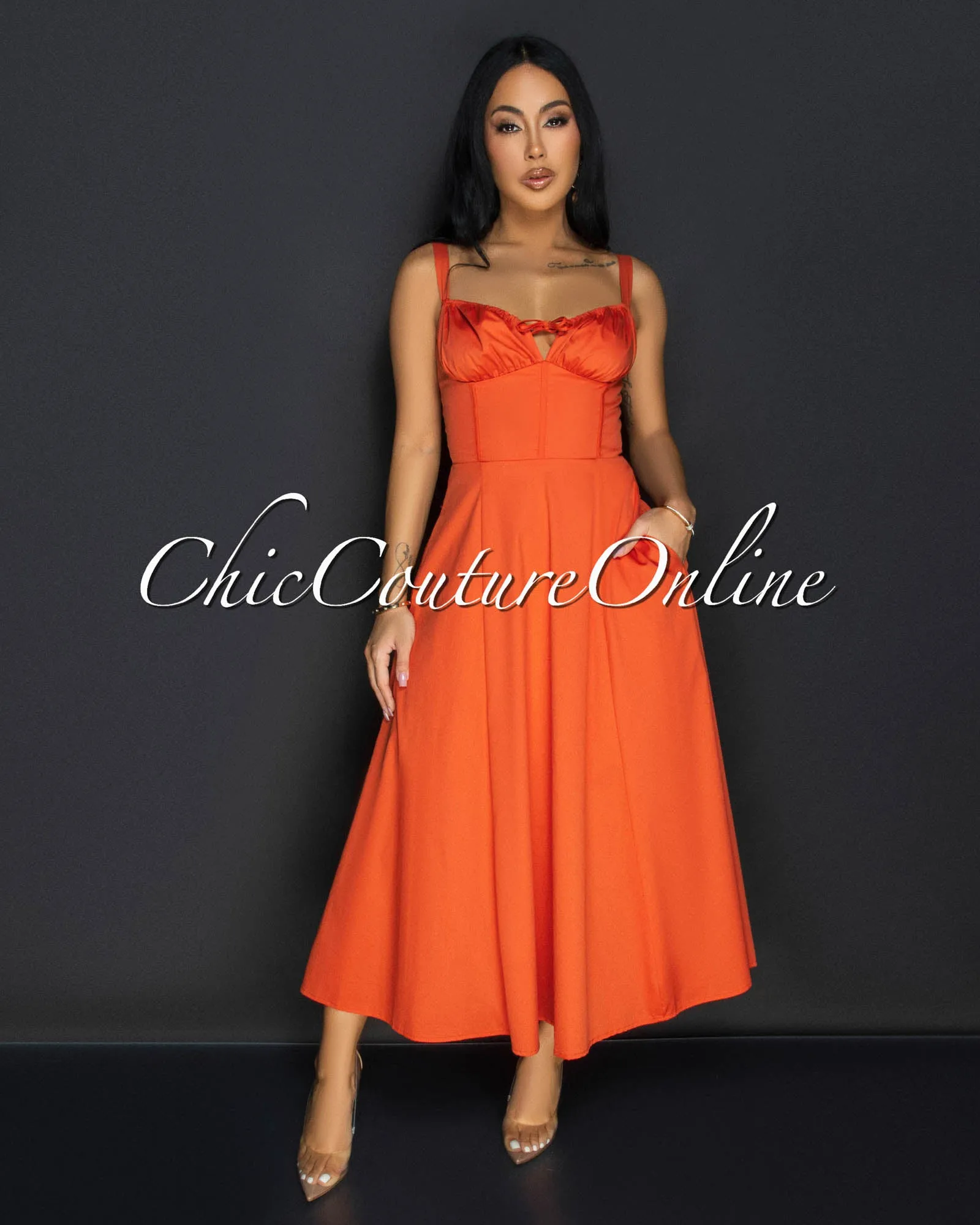 Luanne Orange Sweetheart Midi Dress