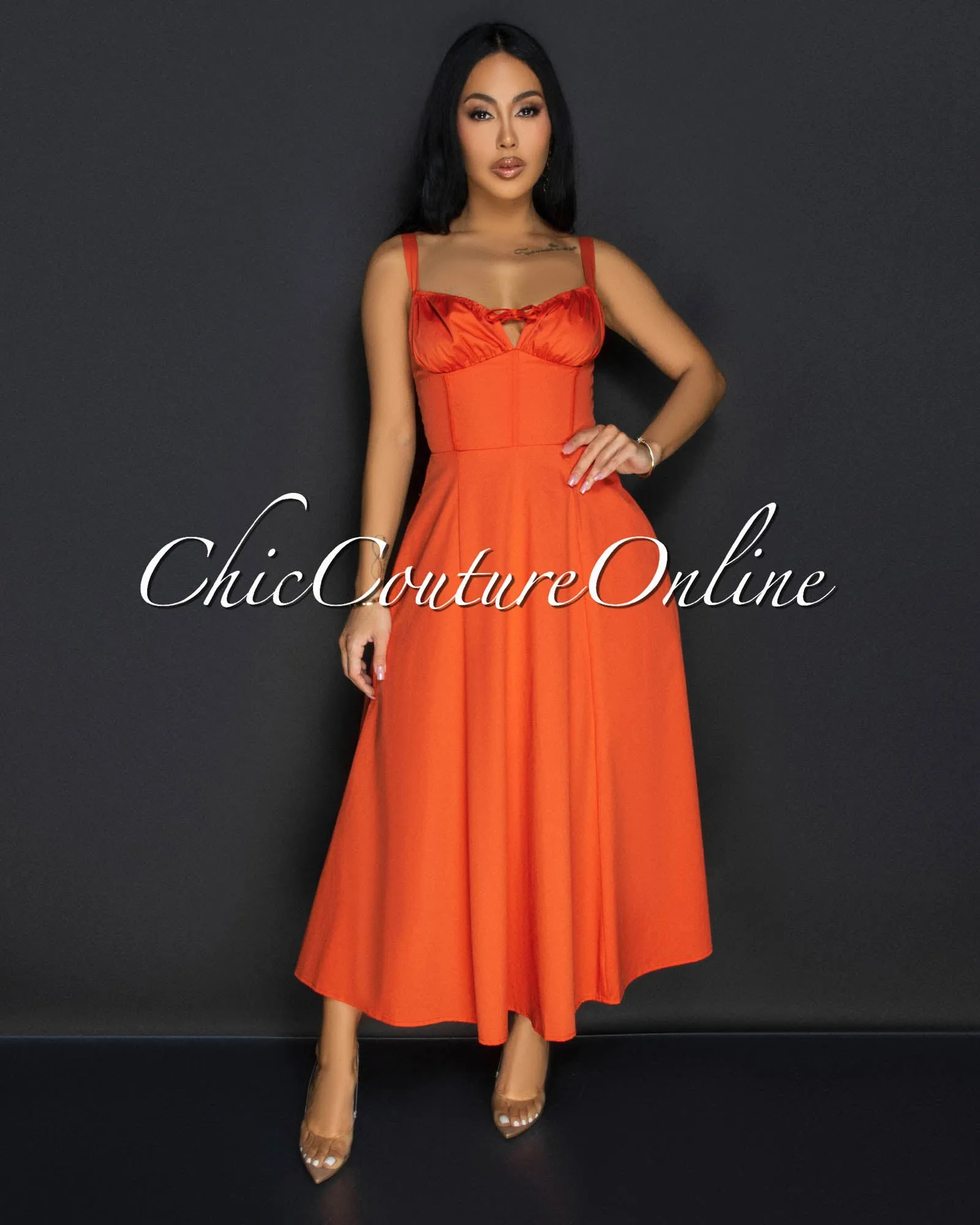 Luanne Orange Sweetheart Midi Dress