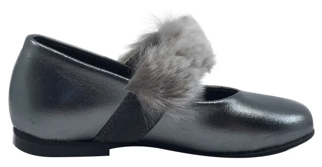 Luccini Girl's Slip-On Mary Jane with Fur Trim (Silver Leather)