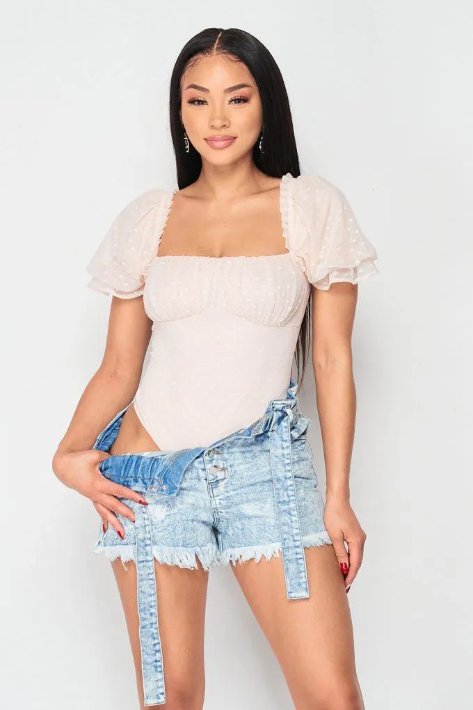 Luxe Polkadot Stretch Mesh Puff Sleeve Bodysuit