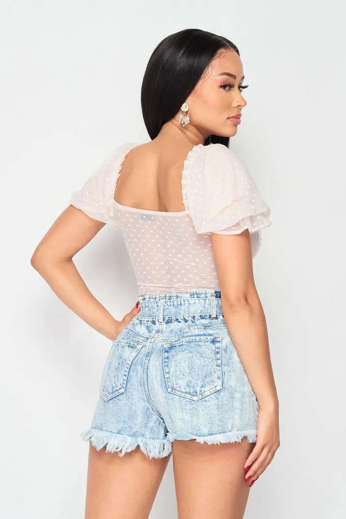 Luxe Polkadot Stretch Mesh Puff Sleeve Bodysuit