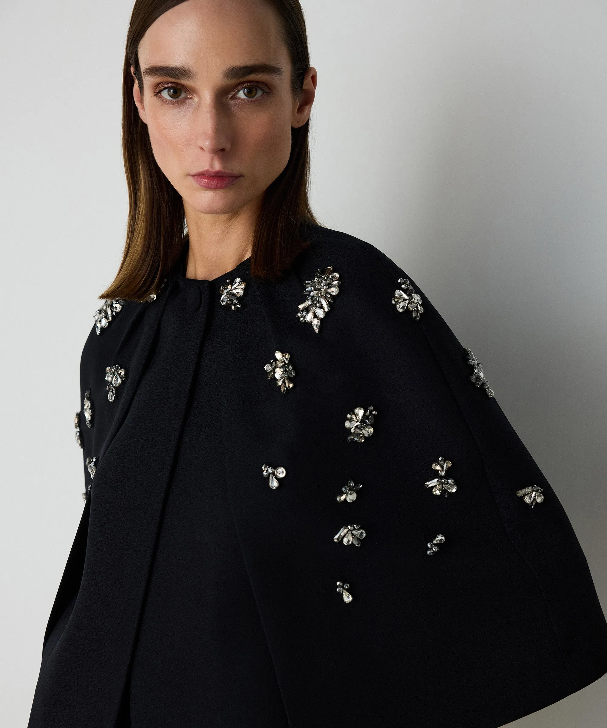 Machka Crystal Stone Embroidered Cape Black