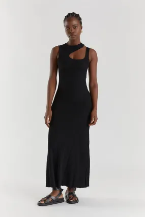 MADDOX BLACK KNIT ASYM MIDI DRESS