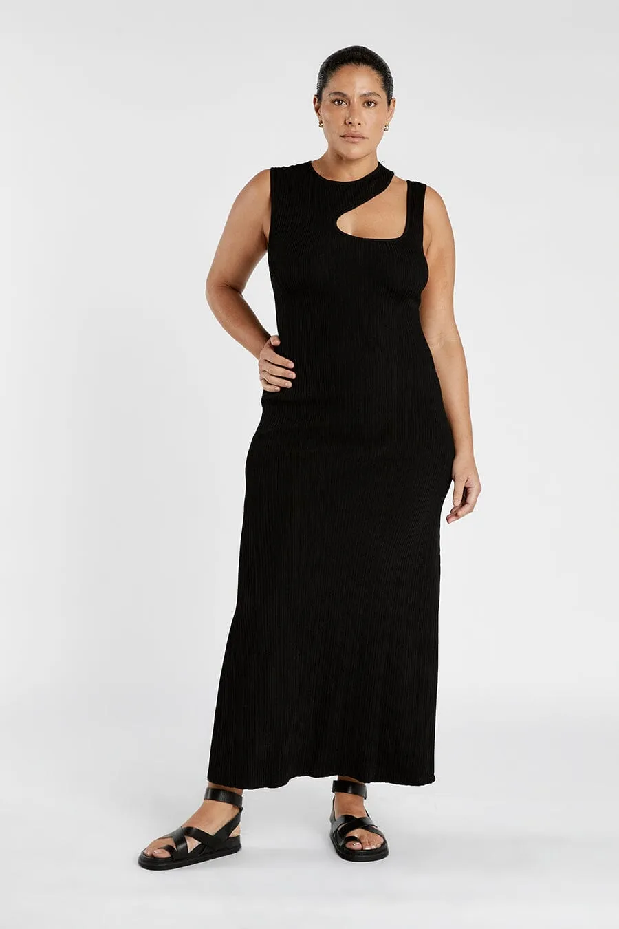 MADDOX BLACK KNIT ASYM MIDI DRESS