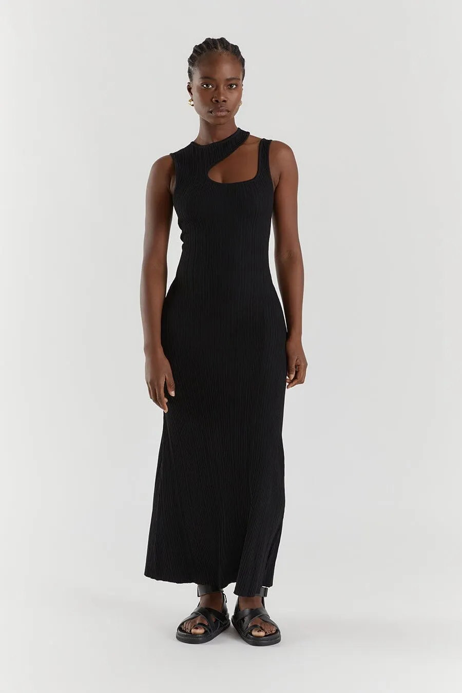 MADDOX BLACK KNIT ASYM MIDI DRESS